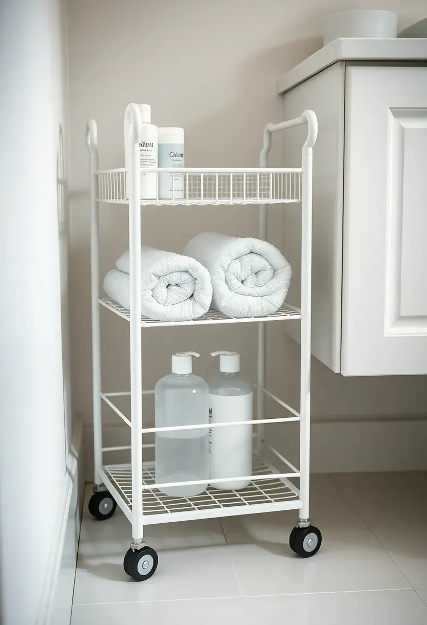 Slim rolling cart with three tiers positioned beside a bathroom vanity holding towels and grooming products