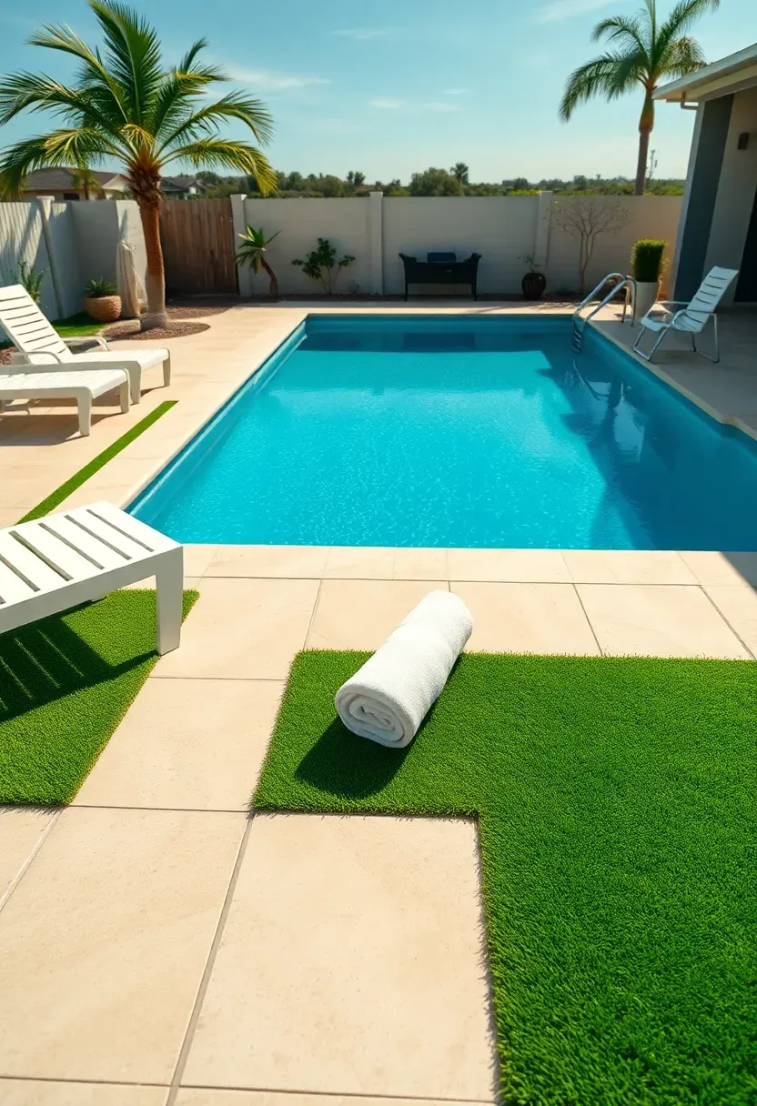 A rectangular swimming pool surrounded by smooth travertine pavers on the deck with rectangular panels of artificial turf between lounge chairs