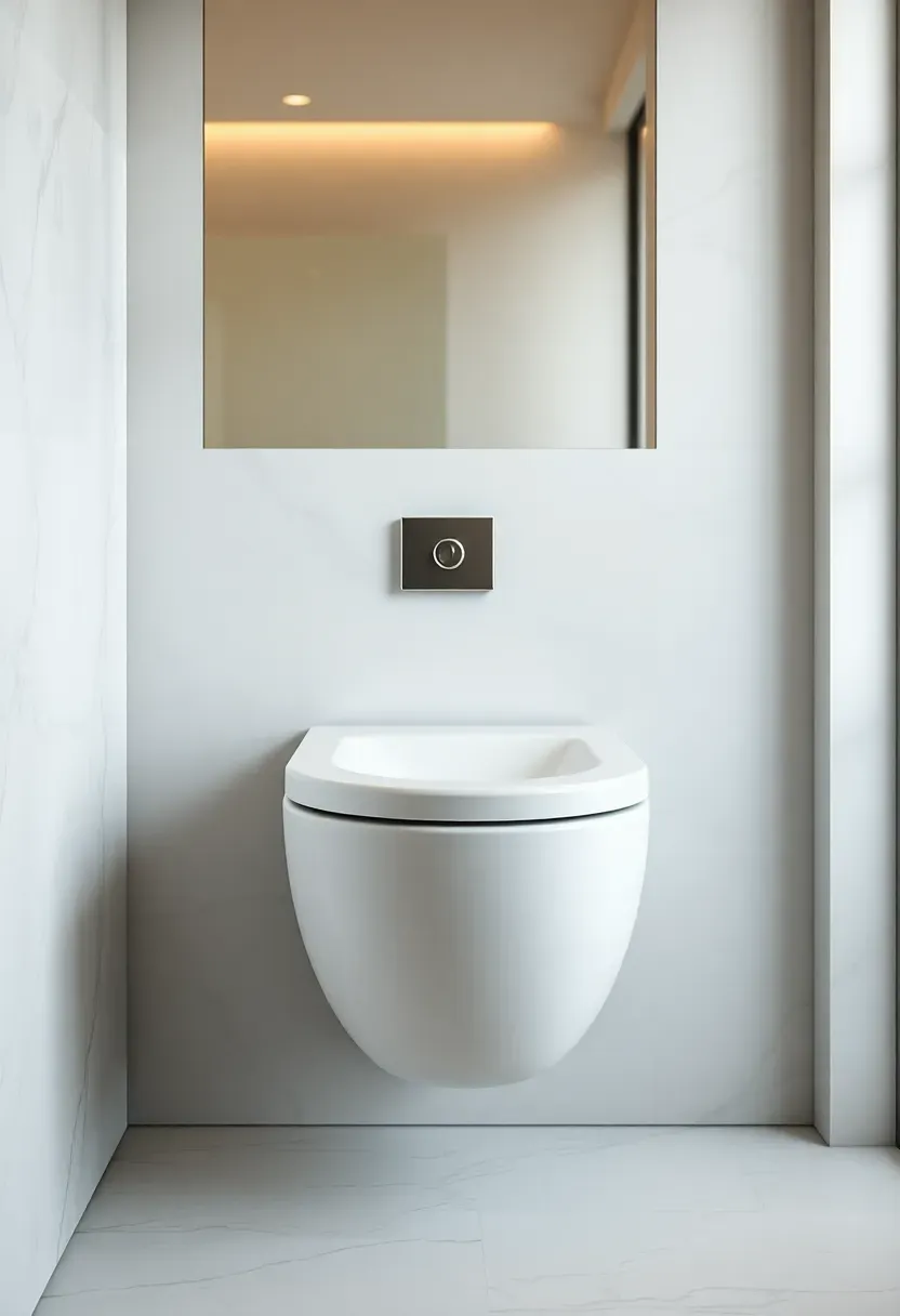 Wall-mounted floating toilet with concealed in-wall tank in a modern luxury bathroom with clean minimalist lines and easy-clean floor space
