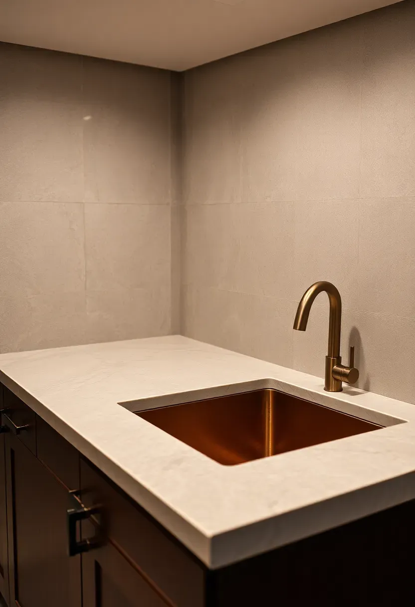 basement wet bar with honed quartzite countertop in warm gray tones with undermount copper sink and dark wood cabinetry