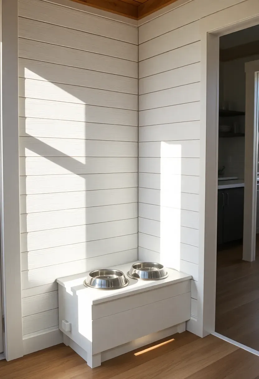 Hyper-realistic 3/4 view of tiny house corner with dog feeding zone, showing full-height removable white shiplap paneling behind feeding station, magnetic catch details visible at panel edges, waterproof surface reflecting light, stainless steel bowls on elevated shelf, adjacent tiny house context with light wood floor and window. Materials: white painted shiplap, magnetic catches, stainless steel bowls, light oak floor. Bright natural light, soft shadows, minimalist composition with panel installation detail in focus.</p>