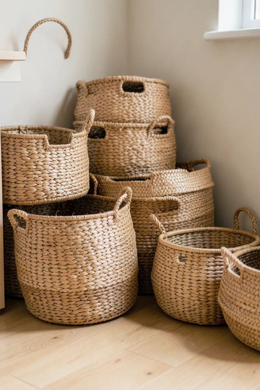 Seagrass and rattan woven baskets in varying sizes beside a neutral sofa for blanket and magazine storage in a boho Scandinavian living room