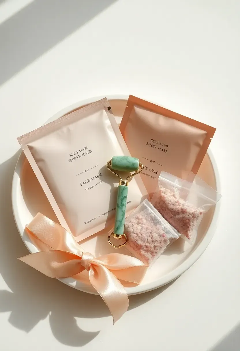 face mask pamper kit with sheet masks jade roller and rose bath salt sachet on white ceramic tray with ribbon
