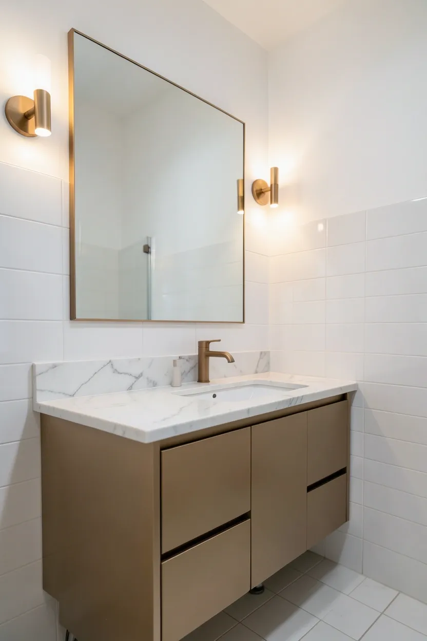 Subtle luxury apartment bathroom with champagne-toned vanity tiles, bronze faucet and hardware, and white walls — refined rental color idea