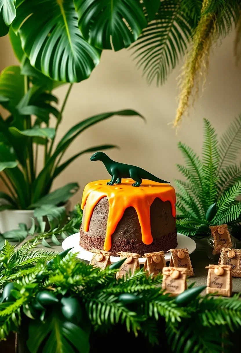 dinosaur themed baby shower with green and orange paper dinosaur cutouts, volcano shaped cake, tropical leaf garlands, dino egg candy favors, and prehistoric plant arrangements
