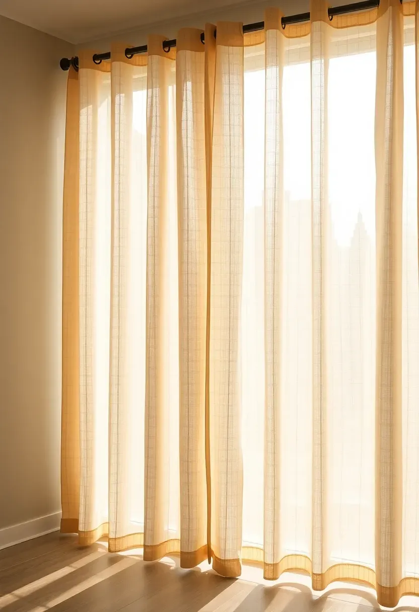 Linen curtains with subtle weave texture in warm ivory hanging from ceiling to floor beside large sunroom windows with afternoon sun filtering through