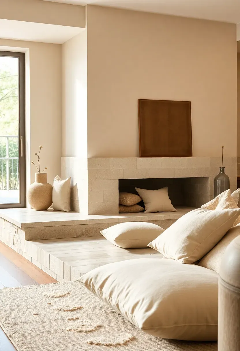 Stone hearth ledge with floor cushions