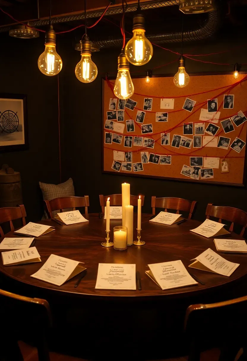 themed murder mystery party room in a basement with clue boards props and atmospheric lighting