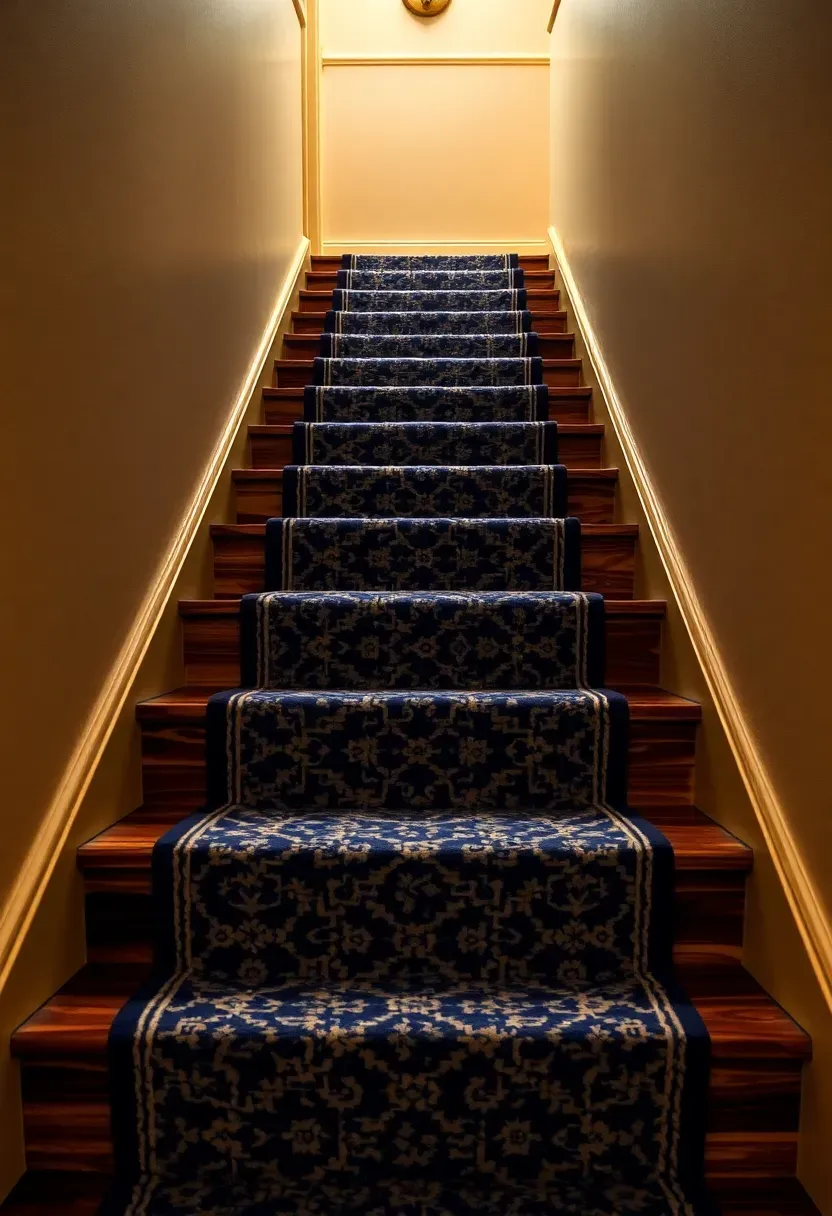 Basement stairs covered with a dark patterned carpet runner held in place by polished brass stair rods on each tread
