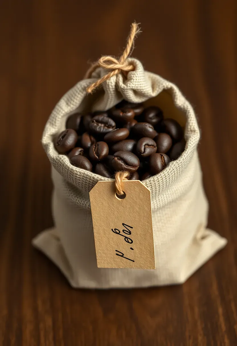 cotton drawstring sachet filled with roasted coffee beans with a handwritten thank-you tag