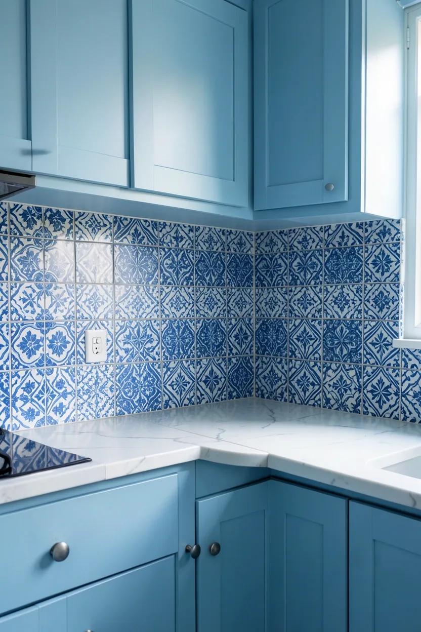 Blue Kitchen with Patterned Backsplash
