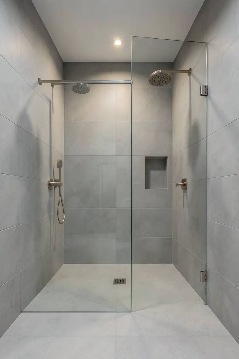 Barrier-free walk-in shower with continuous light gray porcelain tile floor, single glass panel, and rainfall showerhead