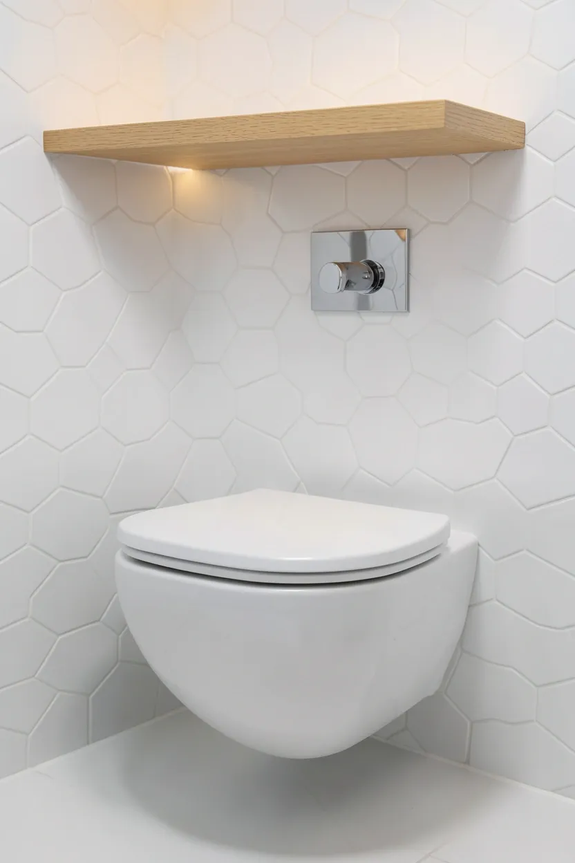 Wall-mounted toilet with concealed tank exposing clean white floor in a modern small apartment bathroom