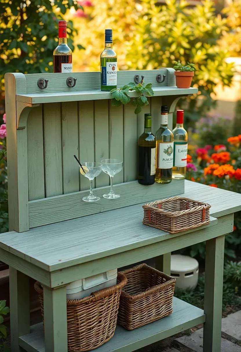 Repurposed green potting bench used as an outdoor bar with bottles, glasses, hanging herb pots, and a garden backdrop in afternoon sun