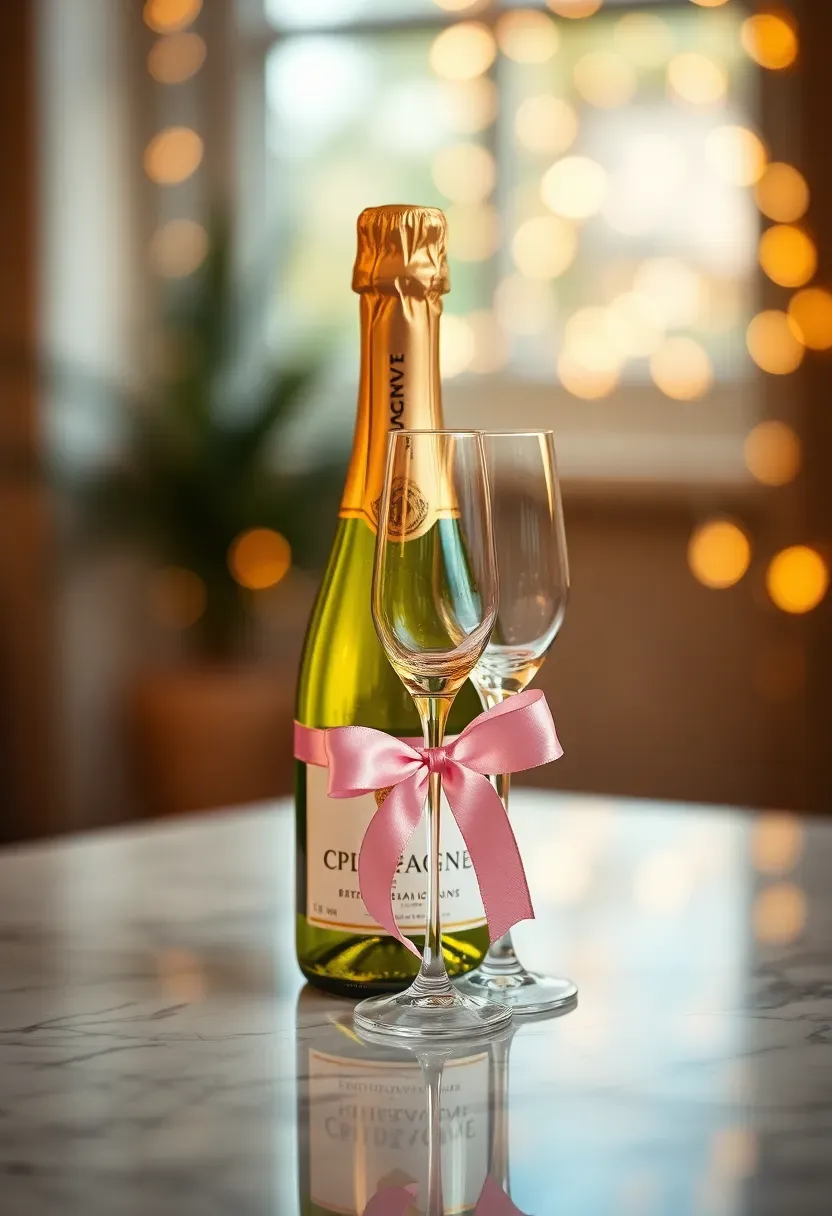 mini champagne bottle with gold foil and champagne flute and pink ribbon on marble surface