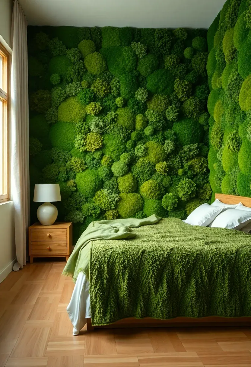 Bedroom wall covered in lush preserved moss creating a biophilic accent wall with varying shades of green and natural texture