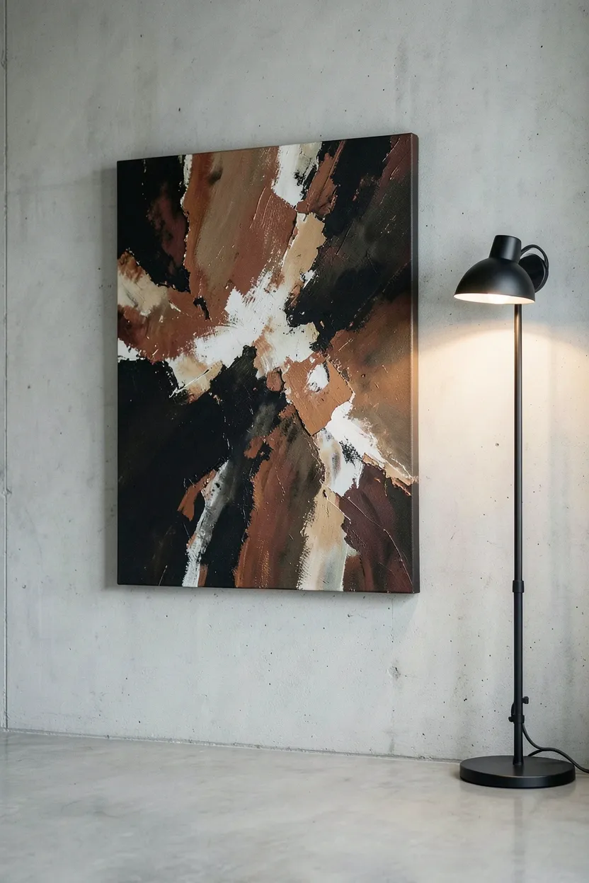 Large abstract painting in earth tones displayed on a raw concrete wall in an industrial minimalist living room with floating frame and minimal surrounding decor
