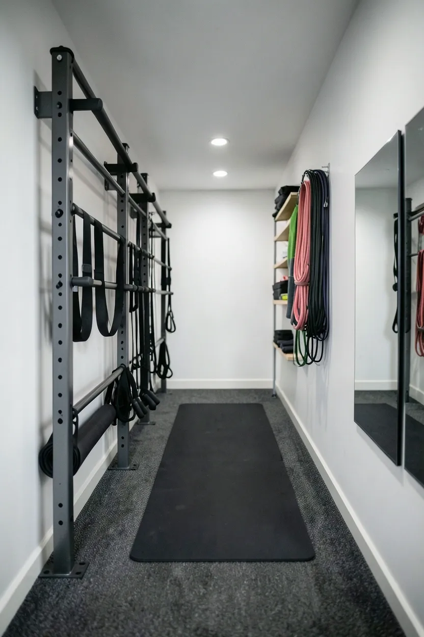 Narrow apartment hallway converted into mini home gym with wall-mounted racks along one side and yoga mat placed centrally for bodyweight workouts
