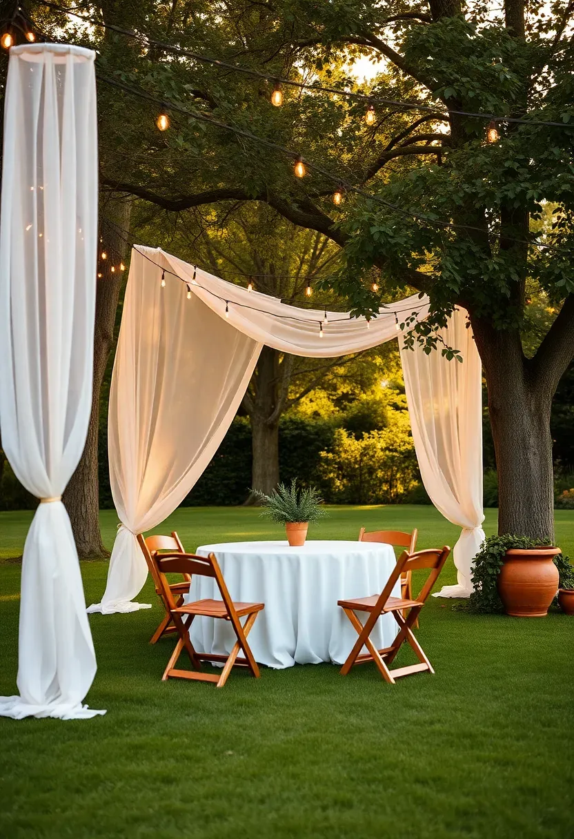 outdoor garden baby shower party with draped fabric canopy, bistro string lights, potted plants, and round tables on a green lawn
