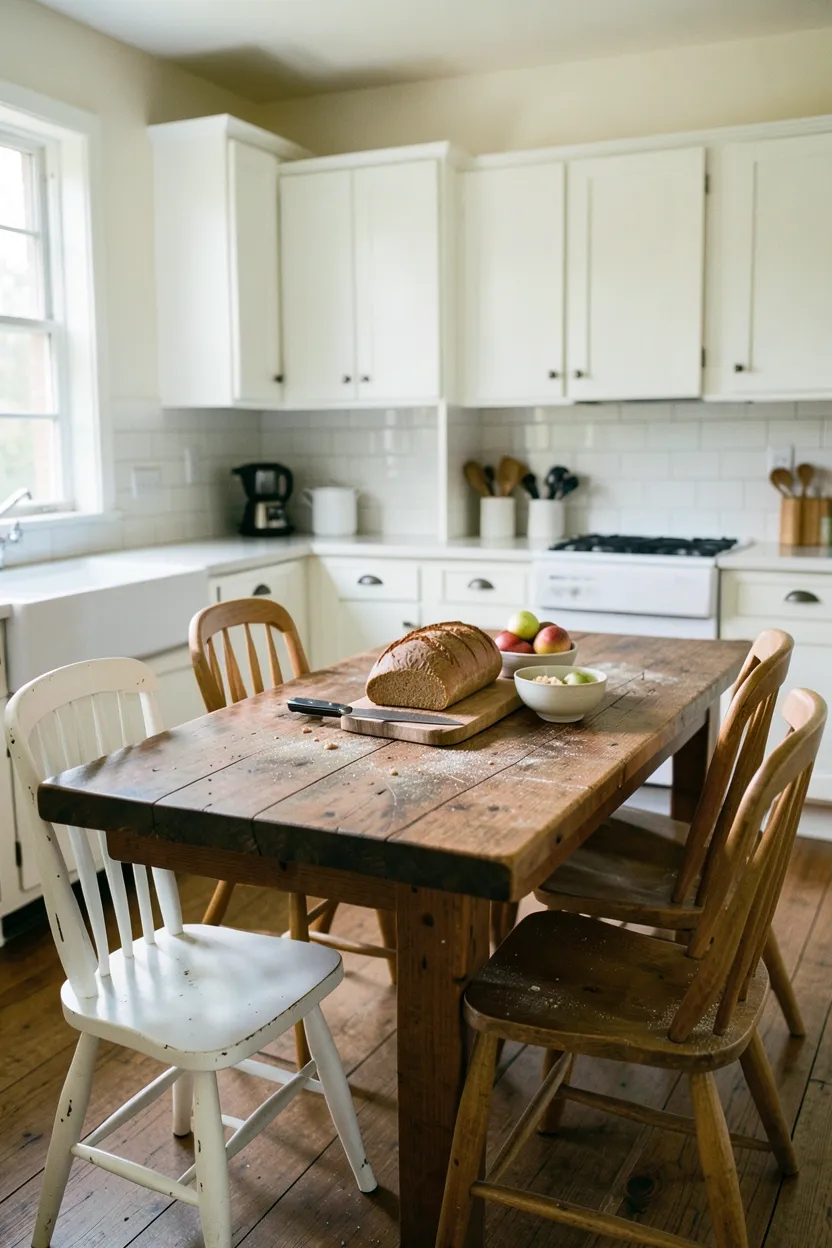 Hyper-realistic 3/4 view of a rustic butcher block table in a cottage kitchen. Heavy thick butcher block in walnut with visible end grain, food stains, knife marks from regular use. Table sits in center of room with four mismatched vintage-style chairs - two in white painted wood, two in natural oak. White shaker cabinets along walls, subway tile backsplash. Natural light streaming from windows, warm ambient feel. On table: loaf of bread, cutting board with knife, small bowl of fruit showing signs of recent meal. Creamy white walls. Materials: walnut butcher block, painted wood, natural oak, white ceramic. Cozy lived-in rustic mood. Visible wear patterns on table surface, slight dust accumulation in chair crevices. No text, no logos, no watermarks.</p>