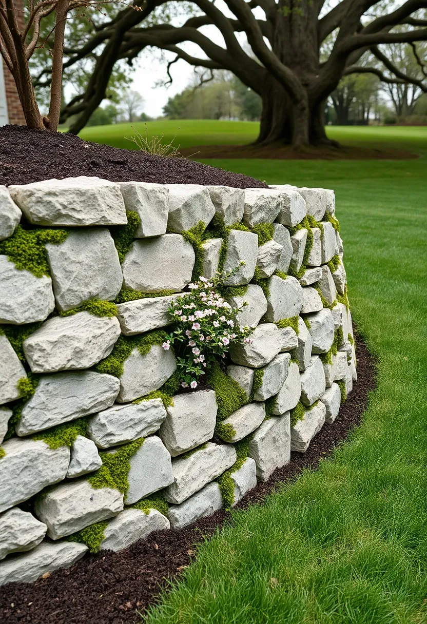 Dry-stacked natural stone planter wall filled with creeping thyme and sedum on a sloped backyard with a grassy lawn below