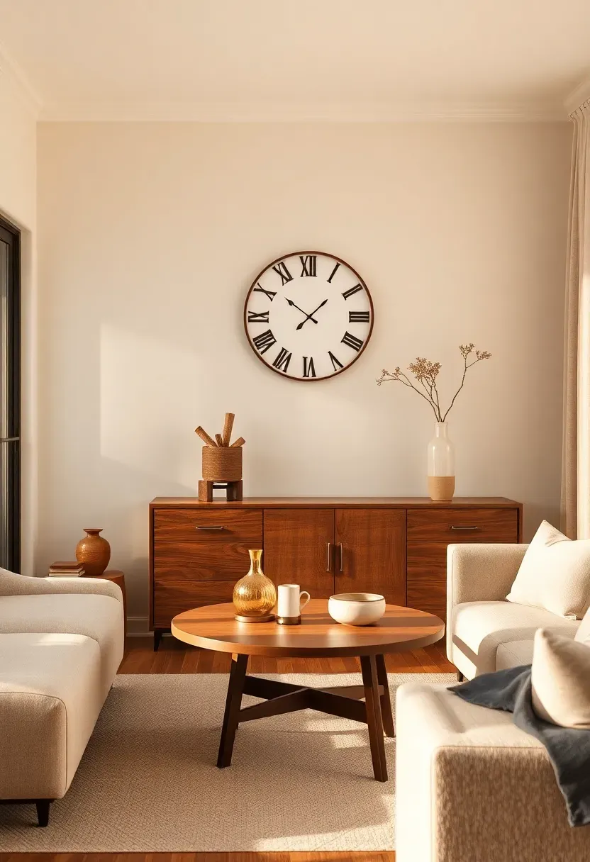 Sunburst clock focal wall with a slim credenza