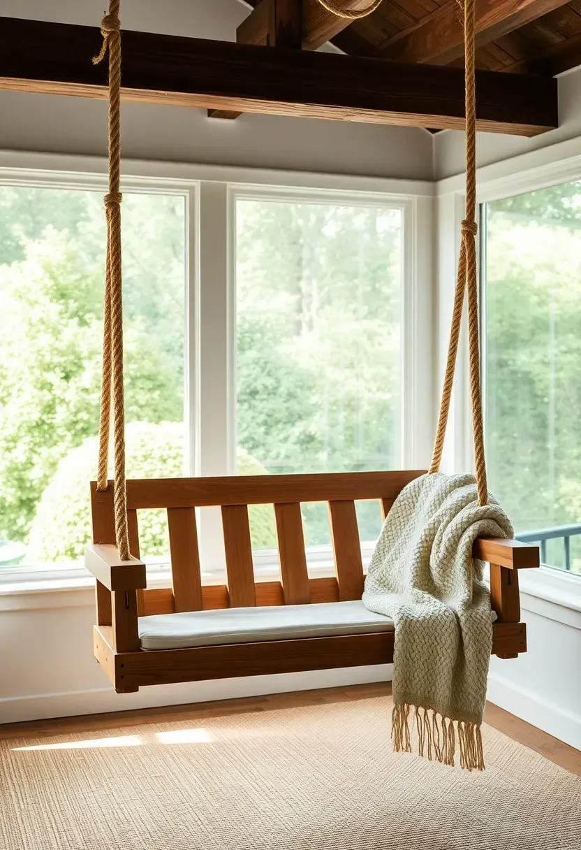 Wooden farmhouse porch swing hanging from rope in a sunroom corner with linen cushions, a knit throw, and bright garden windows behind