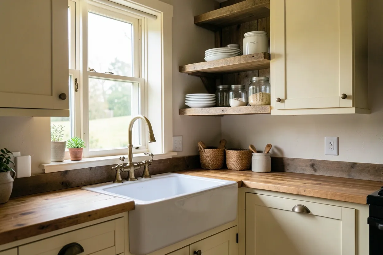 Small farmhouse kitchen with cream shaker cabinets, apron-front sink, and butcher block countertops — cozy country style for compact spaces