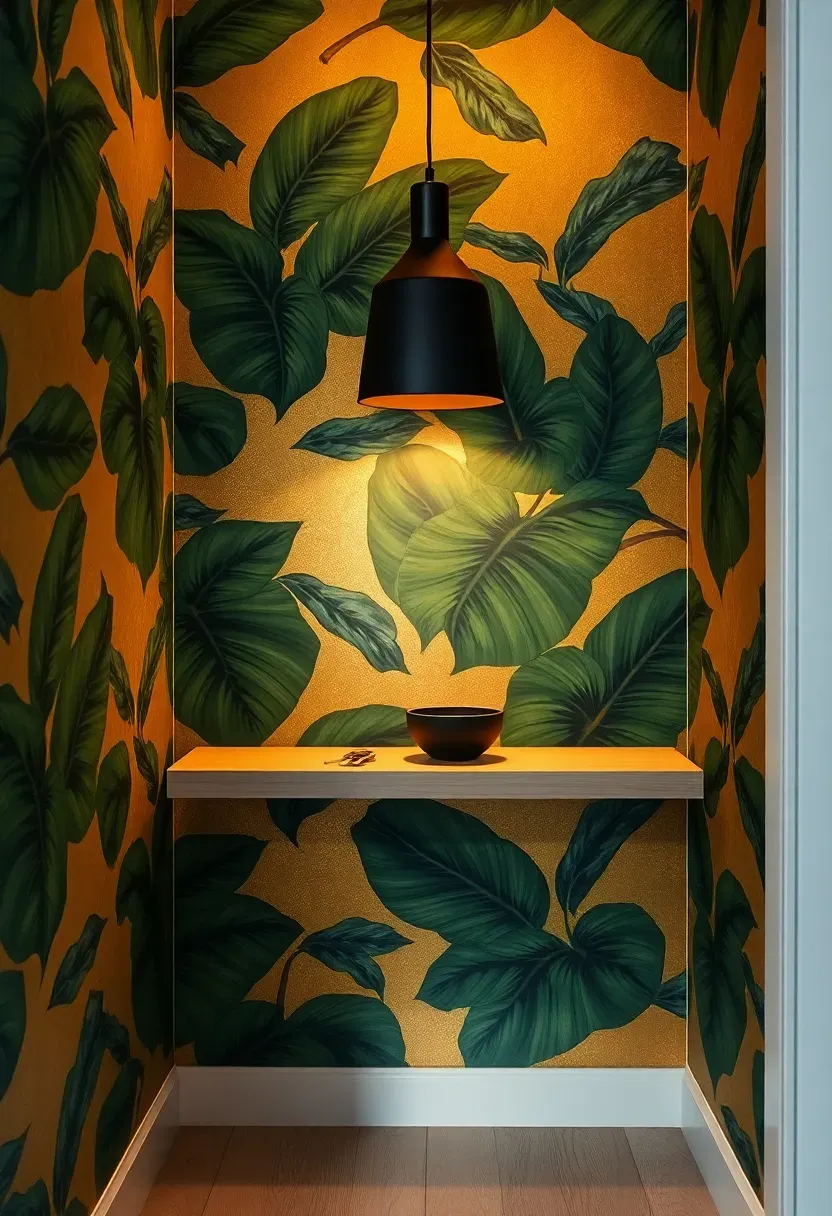 Small entryway alcove with bold botanical wallpaper in green and gold, a narrow floating shelf, and pendant light
