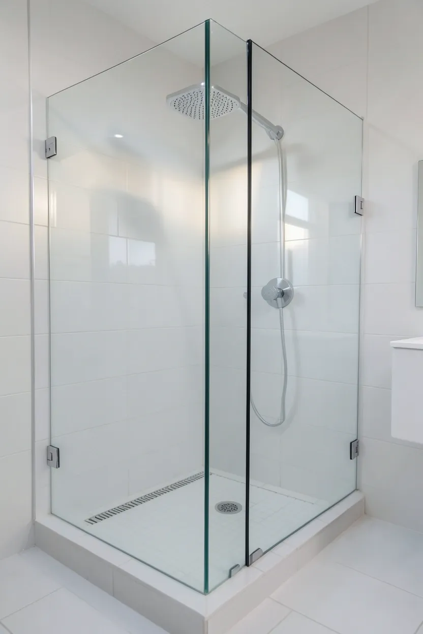 Frameless walk-in glass shower nook with neutral tile in a small apartment bathroom, creating an open airy feel