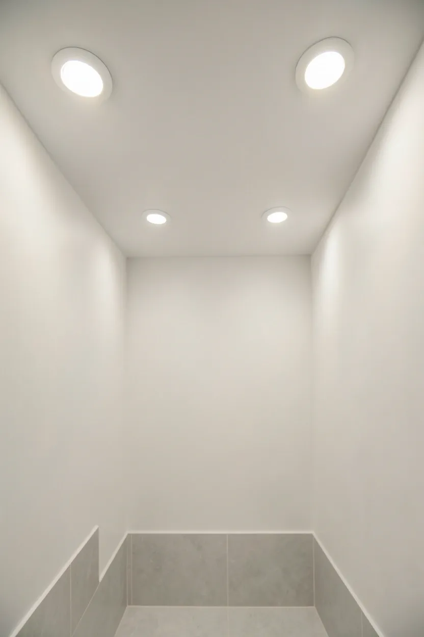 Recessed LED ceiling lights over a floating vanity providing even bright illumination in a small modern bathroom