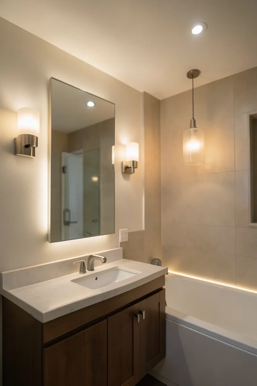 Bathroom with recessed ceiling lights, flanking vanity sconces, pendant over freestanding tub, and warm under-cabinet LED strip — layered lighting aesthetic bathroom
