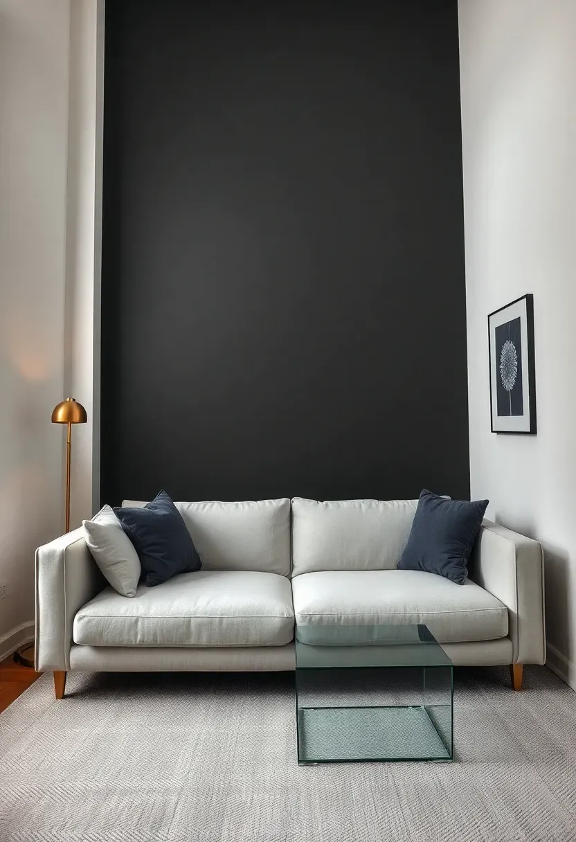 Hyper-realistic 3/4 view of minimalist living room with light gray sofa against charcoal gray accent wall, white surrounding walls, brass floor lamp, glass coffee table, light gray rug. Materials: smooth light gray fabric, matte charcoal painted wall, polished brass, clear glass, plush rug. Layered artificial lighting (warm 3000K), soft shadows, dramatic intimate atmosphere. Moody minimalist mood, shallow depth of field, sharp details showing contrast between light sofa and dark wall, cocoon-like quality, no clutter, no text, no watermarks.</p>