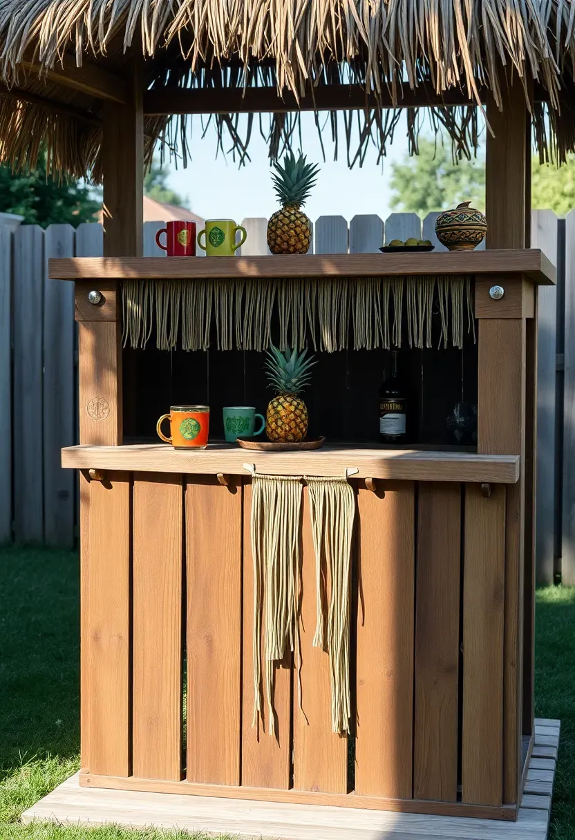 Rustic pallet wood tiki bar with a palm thatch roof overhang and colorful tiki mugs on the countertop in a backyard setting