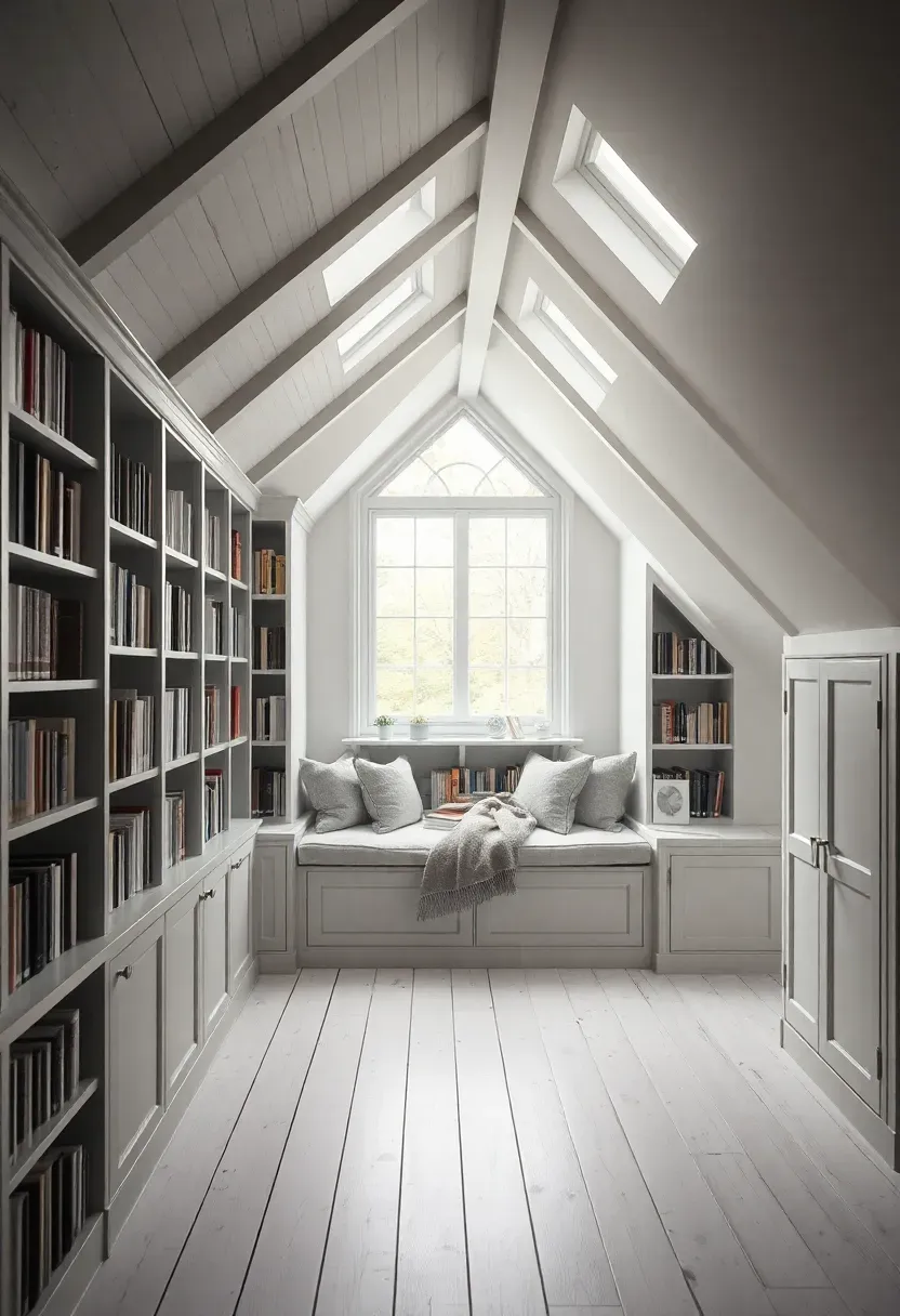 Hyper-realistic 3/4 view of an attic library with whitewashed wood plank flooring and built-in bookshelves that follow the sloped ceiling. A cozy reading nook with a built-in window seat overlooks dormer windows, piled with linen pillows and a wool throw. Books arranged on shelves that become shallower as the ceiling descends. Exposed roof rafters painted white. Materials: whitewashed wood planks, painted rafters, linen cushions. Soft diffused light through dormer windows, cozy intimate mood like a writer's garret retreat. Sharp details, visible slope lines, no clutter.</p>