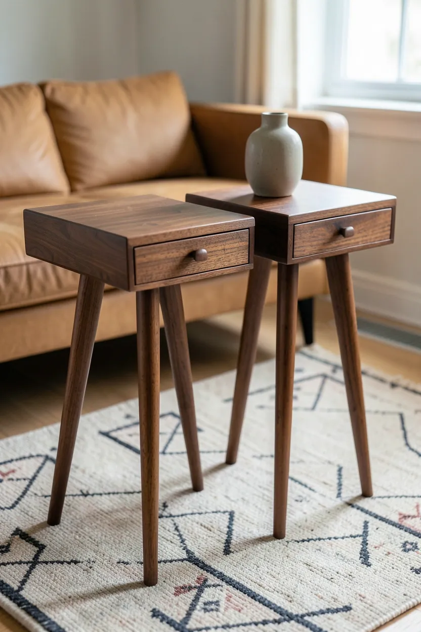 Pair of walnut side tables with tapered legs beside a sofa in a warm mid-century Scandinavian living room