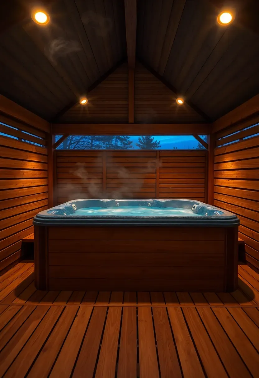 A hot tub enclosed by a gazebo structure with a vented cedar roof, slatted privacy walls, built-in bench, and warm interior lighting with steam rising from the water