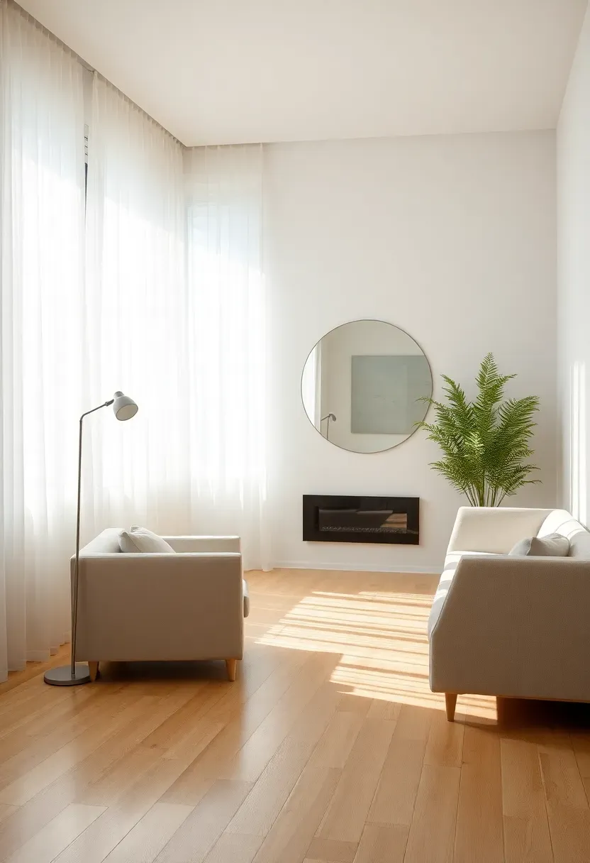 Hyper-realistic wide view of a light-filled Scandinavian room maximizing natural daylight. Floor-to-ceiling windows with sheer white curtains, large round mirror opposite window reflecting and doubling light, glossy light oak wood floor reflecting sunlight, white walls bouncing brightness. Minimal furniture—simple sofa, one chair. Pale materials throughout. Bright diffuse daylight flooding entire space, minimal shadows. Light-focused mood showing natural light as primary design element, fresh airy feeling, high-key brightness with subtle shadow depth.</p>