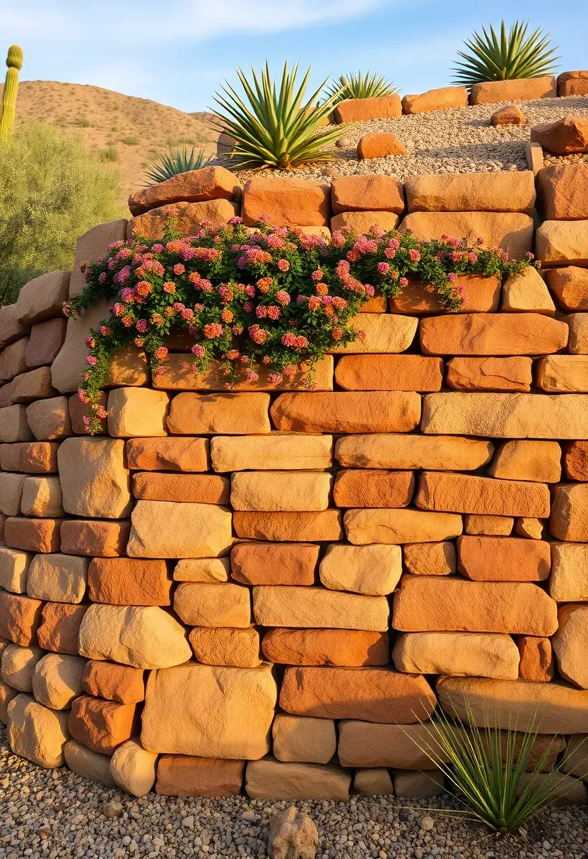 Stacked stone retaining wall in an Arizona yard built from local limestone and sandstone, with desert plants spilling over the top