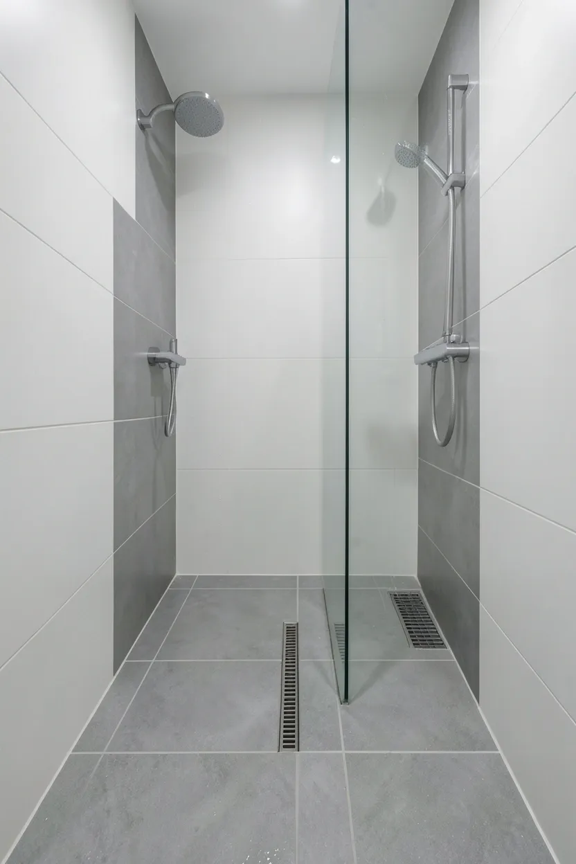 Open wet room style bathroom with seamless large grey floor tiles and linear drain in a small modern space