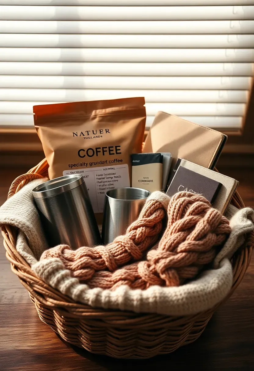 new mom coffee and comfort gift basket with specialty ground coffee insulated travel mug cozy socks chocolate bars and a self-care journal
