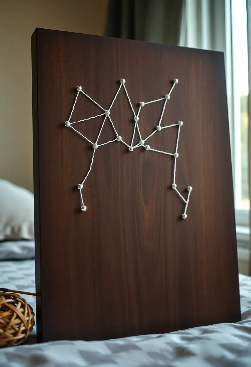 DIY string art constellation wall piece on dark wood board with white thread and gold star nails, teen bedroom decor