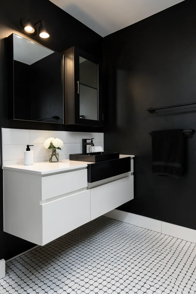 White penny round tiles on bathroom floor with bold black accent walls and white fixtures — small apartment bathroom