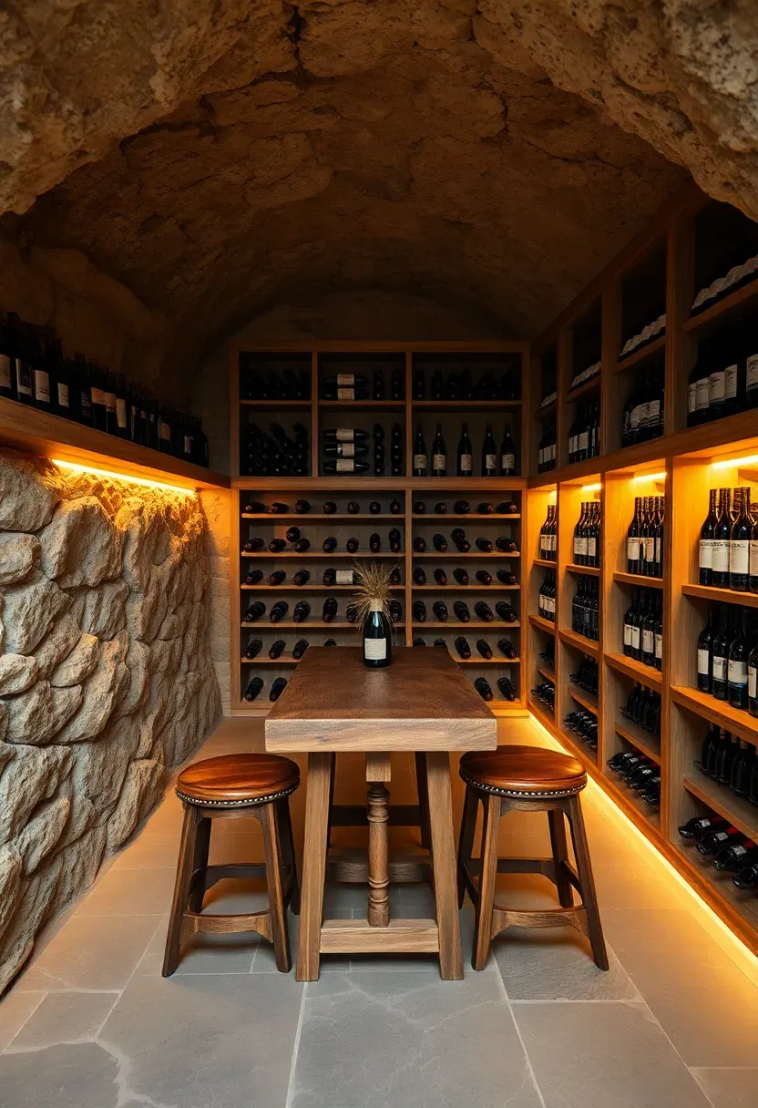 Elegant underground wine cellar with stone walls, wooden wine racks floor to ceiling, warm amber lighting, and a tasting table