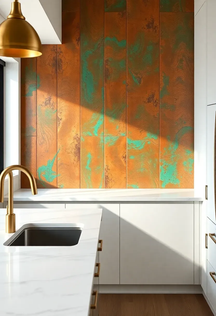 Modern kitchen with an oxidized copper patina accent wall showing rich green and turquoise oxidation patterns against warm copper tones