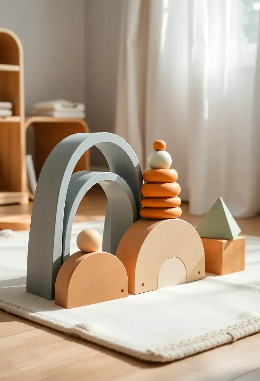 colorful wooden stacking and sorting toy set on a nursery playmat