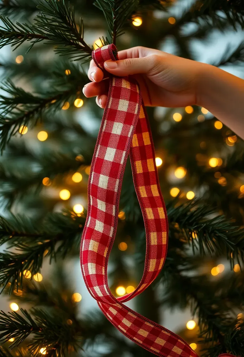 Hands looping wide wired ribbon in cascading waves through Christmas tree branches from top to bottom