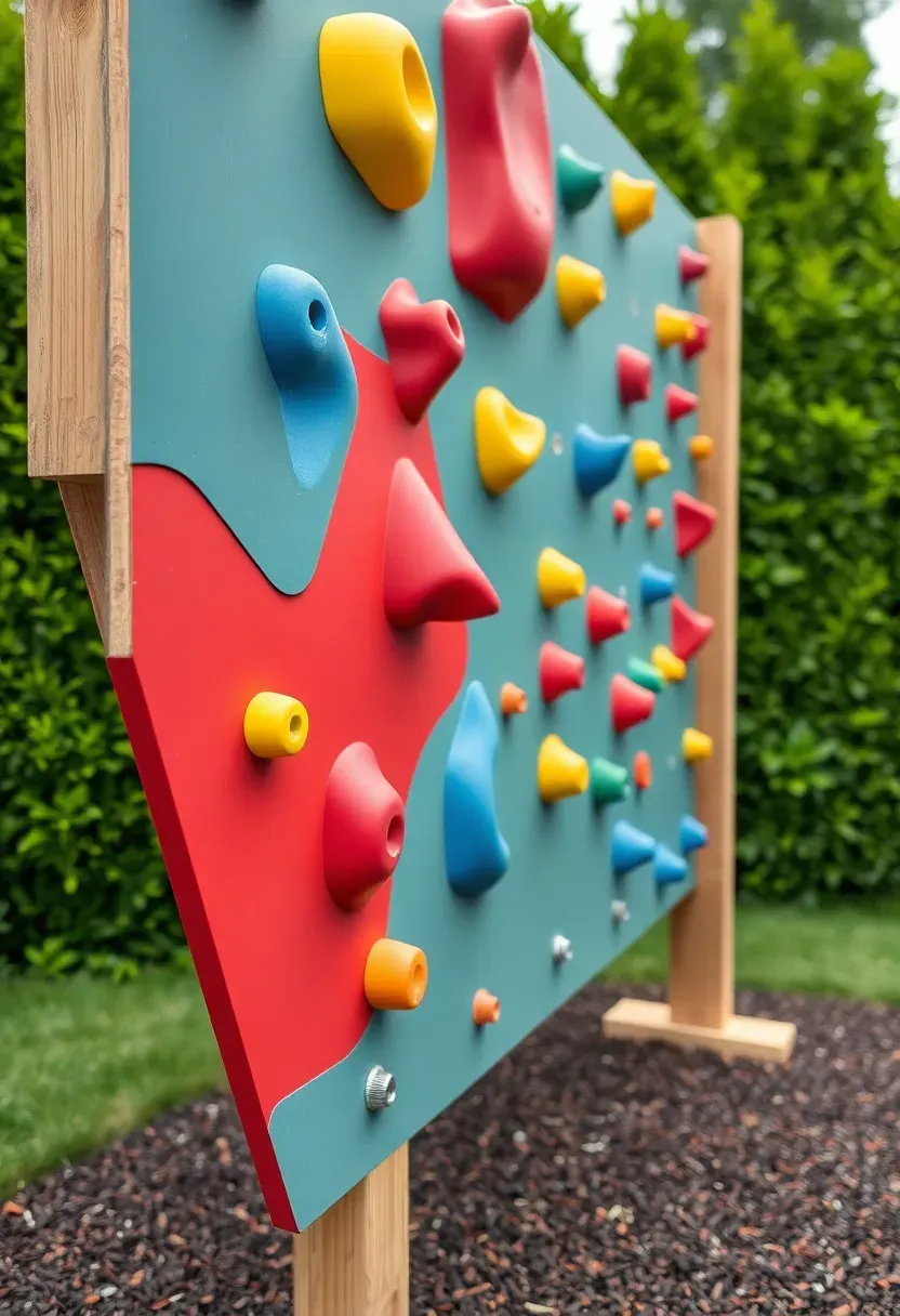 Colorful rock climbing wall panel mounted on an outdoor wooden frame with varied hold shapes and sizes for children