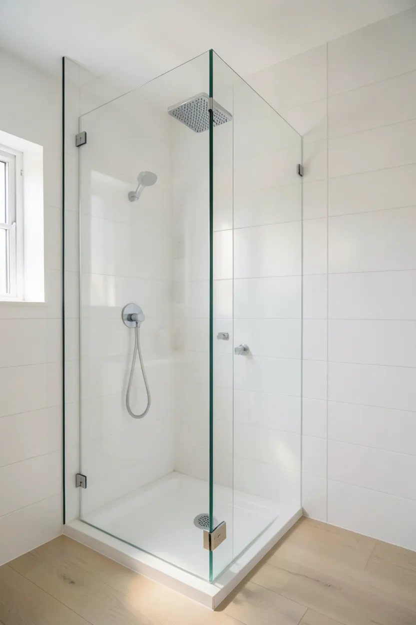 Slim clear tempered glass shower partition with brushed chrome hardware and continuous light wood floor in minimalist bathroom