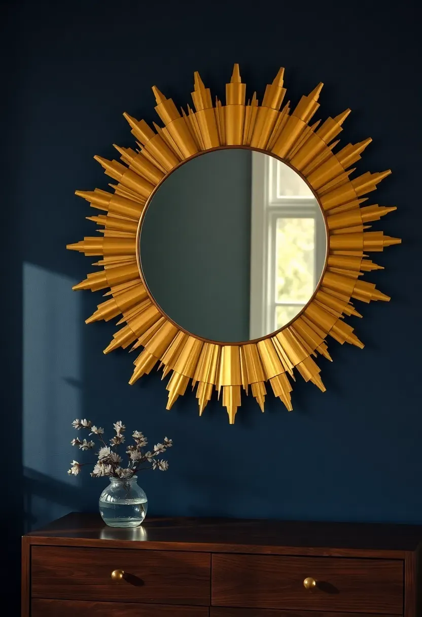 Large round gold sunburst mirror with radiating metal rays mounted on a deep blue bedroom wall